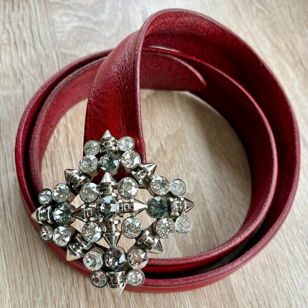 ORCIANI Red Distressed Leather Belt with Rhinestone Buckle
